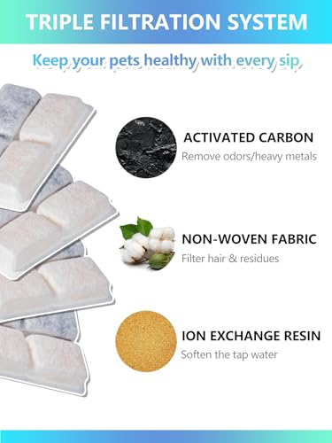 Cat Water Fountain Filters Replacement Compatible with 67oz/2L Pet Water Fountain with LED Light, Filters for Cat Dog Indoor with Pre-Filter Foam Sponges(6+6 Packs)