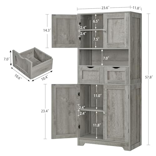 TEENFON 57.8" H Tall Storage Cabinet with 2 Drawers & 2 Adjustable Shelves, Bathroom Storage Cabinet with 4 Doors, Floor Cupboard, for Living Room, Dining Room, Entryway, Woodgrain Gray - color: Grey 2 Drawers