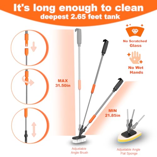 SEAOURA 7-in-1 Aquarium Cleaning Tool, Fish Tank Cleaner with Telescopic Handle,Aquariums Scraper,Adjustable Angle Brush,Gravel Rake,Plant Fork, Flat Sponge,Large Fishes Net,Hose Brushes