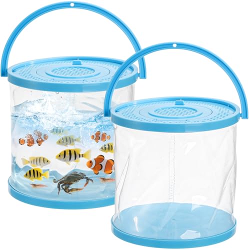 ZAVOOS 2 Pack Foldable Small Aquarium, Plastic Portable Fish Tank with Lid, Clear Fish Transport Container Fishing Bucket for Catch Release, Beach Travel, Lake, Outdoor, Blue