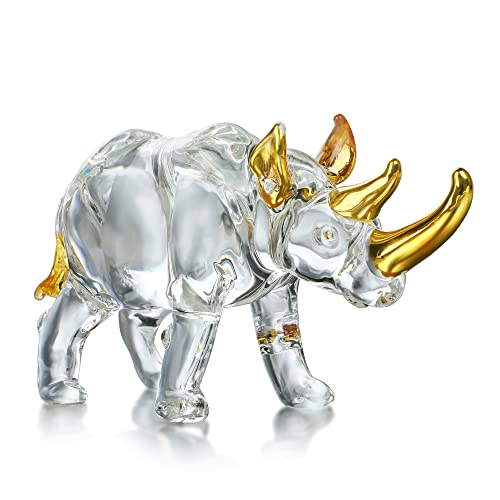 YU FENG 6'' Blown Glass Rhinoceros Animal Figurines Collectibles Crystal Art Rhino Wildlife Paperweight (Clear and Golden) - style: Rhino