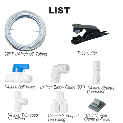 16PCS 1/4-inch Water Purifier Parts Kit. 32FT 1/4" O.D.Water Line With Well-Sealed Couplers Quick Fittings.Push To Connect 1/4 od water tubing Water Tube Fittings RO System (1/4 RO Tubing 32FT) - style: 1/4 RO Tubing 32FT