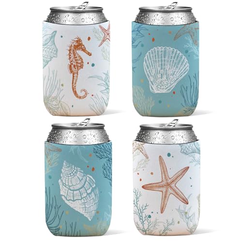 4 Pack Coastal Beach Reusable Neoprene Insulator Cup Sleeve for Cold and Hot Drinks, Ocean Beachy Sea Life Seahorse Seashell Starfish Can Drink Sleeves Cooler Sleeves Gifts for Women - color: Coast Blue-cup