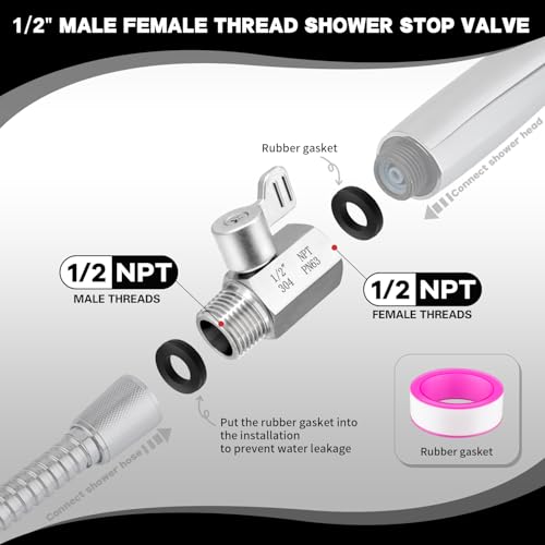 [2 Pack] Shower Head Shut Off Valve,304 Stainless Steel Mini Ball Valve NPT Thread(1/2"),Shower Head Flow Control Valve - size: 2 Pack 1/2"