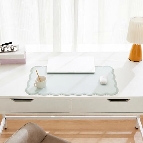 Scalloped Desk Mat, 23.6" x 11.8" Cute Small Aesthetic Desk Accessories, PU Leather Computer Laptop Desk Mouse Keyboard Pad, Desk Writing Mat for Vanity/Work/Home Decor Sage Green - color: Sage, size: 23.6" x 11.8"