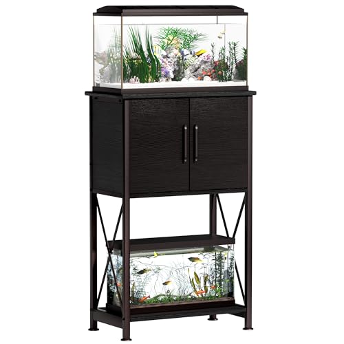 Herture 5-10 Gallon Fish Tank Stand, Metal Double Aquarium Stand with Cabinet for Fish Tank Accessories Storage, Heavy Duty 20.5" L* 11.02" W Tabletop, 500LBS Capacity Black PG06YGB - color: Black, size: 5-10 Gallon
