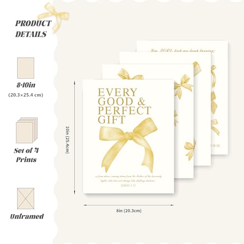 LARTSFRO Coquette Yellow Bow Wall Art Decor Posters, Butter Yellow Bow Room Bedroom Bathroom Dorm Wall Art Decor Aesthetic for College Teen Girls Gifts, Inspirational Bible Verses Bow Wall Decor, 10x8 Inch Set of 4 Pcs Bow Pictures (UNFRAMED) - color: but