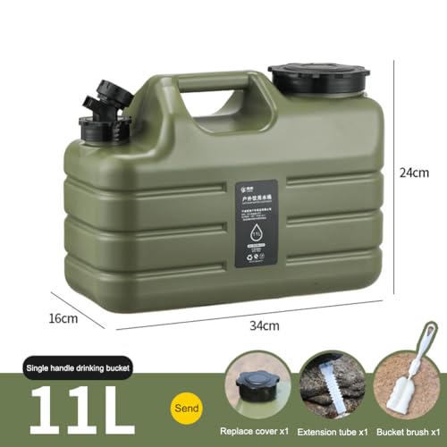 ASIEIT 11L Water Container, Large Capacity Emergency Water Storage Bucket with Detachable Faucet, Portable Overlanding Green Water Tank with Cleaning Brush Extension Tube for Camping Fishing Picnic