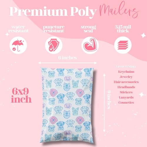 Pretty Package Store 6x9 Designer Poly Mailer 100 Pack Heavy Duty Waterproof Self Seal Shipping Bags for Small Business Large Mailing Envelopes Bulk Tear Resistant Packaging Pretty Pups Puppy Dogs - color: Pretty Pups, size: 6x9