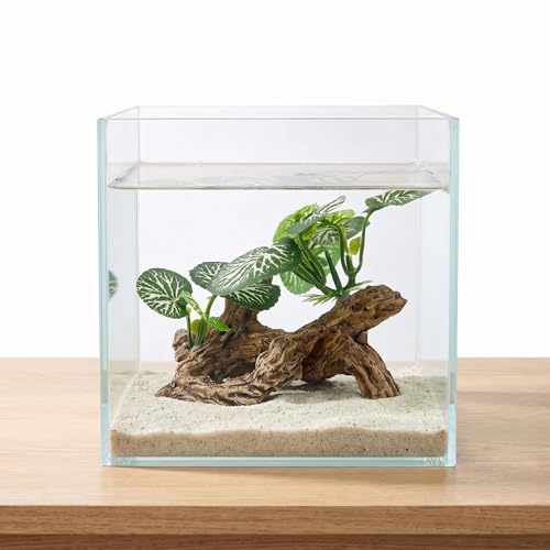 Aquarium Driftwood Decor 4 Inch - Resin Driftwood with Silk Plant Leaves, Fish Tank Decoration for Betta, African Dwarf Frog, Shrimp Hideout