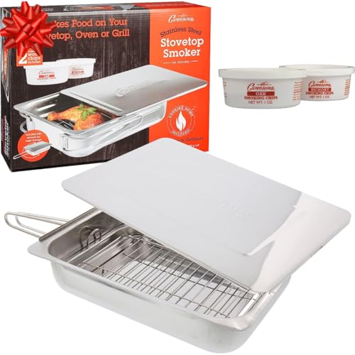 Camerons Large Stovetop Smoker - Stainless Steel BBQ Smoker Box w/Hickory & Oak Wood Chips & Recipe Guide - Indoor Outdoor Use on Any Heat for Smoking Meats, Veggies & Seafood - Grilling Gift for Men