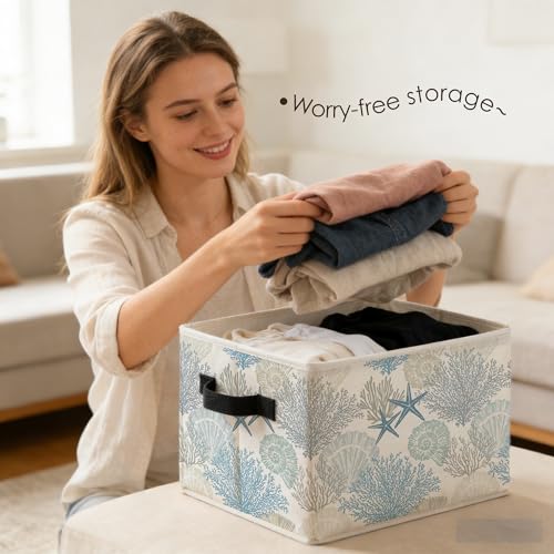 Blue Beach Starfish Seashell Storage Bins Box with Handles, Coastal Ocean Nautical Coral Sea Life Foldable Basket Toybox for Beach House Bedroom Bathroom Home Clothes Toys Books - color: color-9