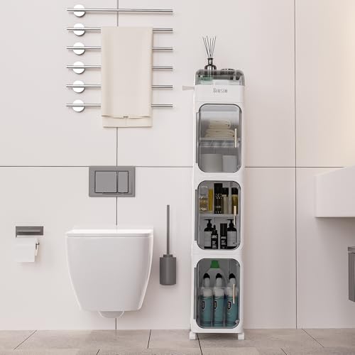 BINSIO 4-Tiers Toilet Paper Storage, Slim Bathroom Organizers and Storage, Bathroom Counter Organizer, Bathroom Organizer Storage Cabinet, Portable Laundry Room Organization, Plastic White Clear Doors - size: 4 Tiers