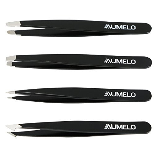 Tweezers Set 4-Piece Professional Stainless Steel Tweezers with Travel Case by Aumelo - Best Precision Eyebrow and Splinter Ingrown Hair Removal Tweezer Tip for Men & Women,Black - color: Black