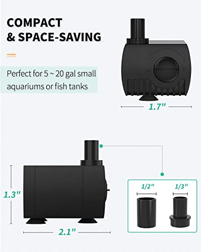 Uniclife 80 GPH Submersible Water Pump 4W 2.4ft High Lift Quiet Pump for Fountain Aquarium Fish Tank - size: 80GPH
