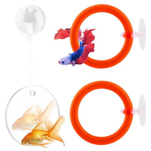 2pcs Bettas Fish Enrichment Toys Ring, with Mirror/Floating Ball, Exercise Floating Mirrors and Training Ring for Fish Tank, Aquarium Feeding Rings Accessories (Orange) - color: orange