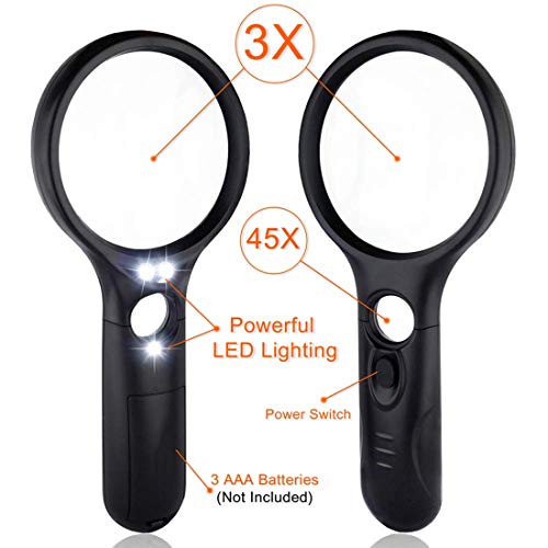 Magnifying Glass with Light 3X 45X Handheld Magnifier 3 LED Light Magnifying Glass for Reading Small Prints Reading Inspection Jewellery Hobbies Crafts (Black) - color: Black