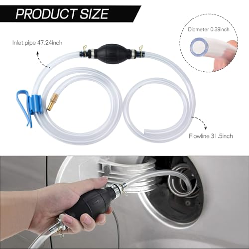 Gasoline Siphon Hose, Portable Hand Fuel Transfer Pump for Gas Oil Water, Manual Gas Siphon Pump with 2 Durable PVC Hoses, Pinch Clip, Hose Retainer, Brass Extender
