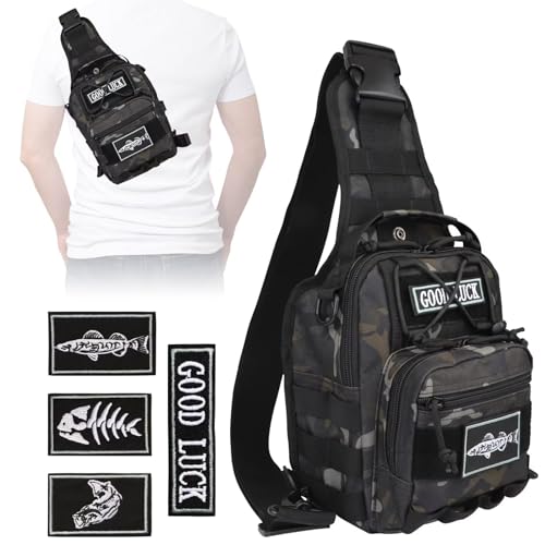 Dovesun Small Fishing Backpack, Waterproof Fly Fishing Sling Pack Tackle Bag with Tackle Boxes - color: C-Size:17.7*8.5*5.7in-Black(NO TACKLE BOX)
