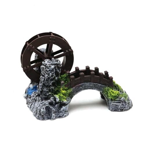 Aquarium Ornament - Water Wheel Bridge Statue, Chinese Potted Plant Simulation Decoration, Fish Tank Accessory, Sturdy Resin Material for Freshwater and Saltwater Tanks 7.09x5.91x4.72 Inches