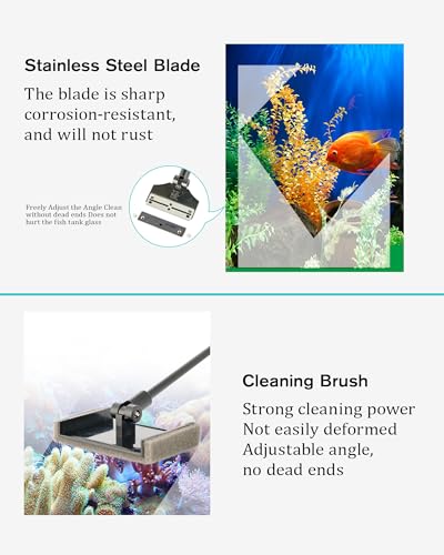 Stainless Steel Algae Scraper Aquarium Cleaning Tool for Glass Aquariums, Including Algae Scraper, Sponge Pad, Fish Net, Cleaning Brush, Adjustable Length, Durable, Does Not Hurt The Fish Tank