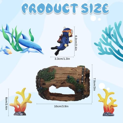 Aquarium Decoration Set with Driftwood Barrel, Coral Plants, Diver Figurine, Brown Green Blue Yellow Red, Resin Plastic, Medium, 5 Pieces