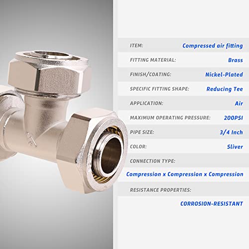 2PCS 3/4’’ Tee Air Piping Fittings, 3/4’’ Tubing x 3/4’’ Tubing x 3/4’’ Tubing, Brass-Nickel Plated, 200PSI Working Pressure, Air Line Fittings for Shop Garage Compressed Air Tube System