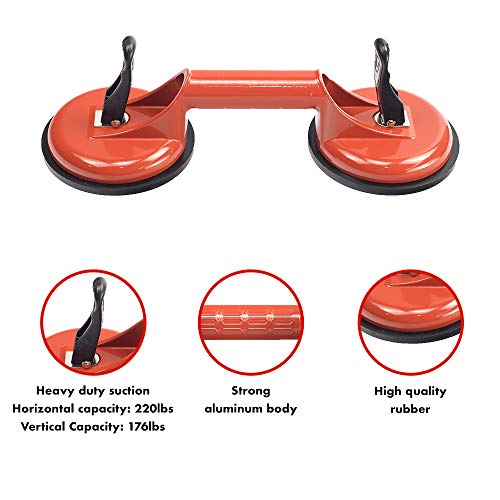 2 Pack Suction Cup Heavy Duty Aluminum Vacuum Plate Handle Glass Holder Hooks to Lift Glass, Granite, Tile, Pad for Lifting - color: 2 Pack Double Plate-Orange