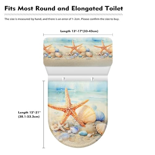 Toilet Lid Cover and Toilet Tank Lid Cover 2 Pieces, with Elastic Edge Bathroom Accessories Decorations Fit for Most Round Elongated and Oblong Lids, Starfish Seashell Painting - color: Starfish Seashell Painting
