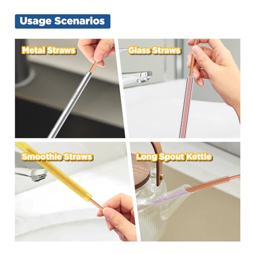 YOTIME Silicone Straw Cleaner Brush, 2Pcs Reusable Straw Brush Extra Long for Cleaning Tumbler with Handle and Glass Metal Smoothie Straws, Non-slip Handle Soft and Bendable, 6mm+9mm, Orange - color: Orange