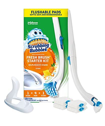 Scrubbing Bubbles Toilet Bowl Cleaning System with Flushable & Disposable Cleaner Refill Pads, Fights Odors and Helps Remove Limescale & Hard Water Stains, Citrus Scent, 1 Wand + 4 Refills + 1 Stand - size: 1 Count (Pack of 1), style: Starter Kit