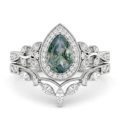 Natural Moss Agate Engagement Ring Set for Women, Unique Genuine Moss Agate Ring, 925 Sterling Silver 10K 14K 18K Solid Gold Nature Inspired Bridal Set, Boho Wedding Jewelry Gift - color: Three