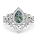 Natural Moss Agate Engagement Ring Set for Women, Unique Genuine Moss Agate Ring, 925 Sterling Silver 10K 14K 18K Solid Gold Nature Inspired Bridal Set, Boho Wedding Jewelry Gift - color: Three