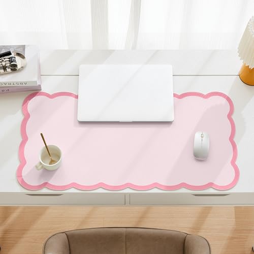 Scalloped Desk Mat, 31.5" x 15.7" Large Cute Aesthetic Desk Accessories, PU Leather Computer Laptop Desk Mouse Keyboard Pad, Desk Writing Mat for Vanity/Work/Home Decor (Pink, 31.5" x 15.7") - color: Pink, size: 31.5" x 15.7"