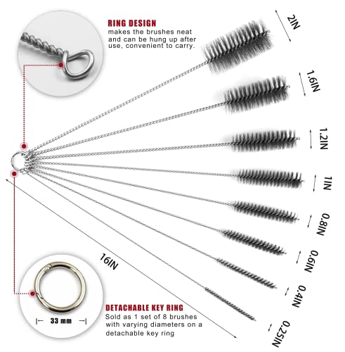 16 Inch Extra Long Pipe Cleaning Brush Set Stainless Steel Bristles, Stainless Steel Pipe Brush Steel Bottle Brush 8 Piece Variety Pack for Auto Parts, Bottles,Tubes, Etc.