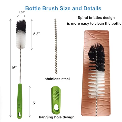 Long Handle Cleaning Brush - 16" Narrow Bottle & Cup Scrubber, Hummingbird Feeder & Meat Grinder Cleaner, Pipe Brush