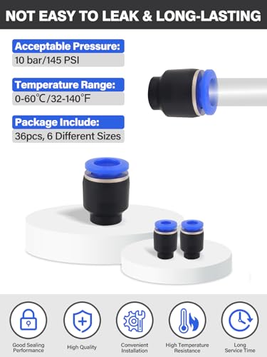 36PCS Push-to-Connect Air Line Fitting Plug, Kalolary Quick Connect End Plugs Brake Line Plug Air Hose Fittings Quick Cap Plugs Fitting for 1/8" 5/32" 1/4" 5/16" 3/8" 1/2" OD Tube