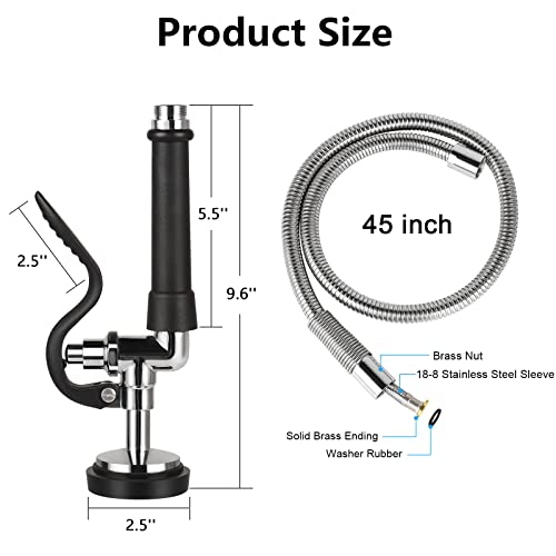Pre Rinse Spray Valve with 45" Flexible Hose KANONEY Stainless Steel Hose 1.42 GPM Commercial Sink Sprayer Nozzle Head Replacement Kit for Dish Industrial Restaurant Kitchen Faucets, Black
