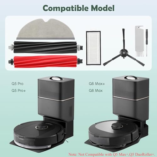Q5 Pro Accessories Kit Replacement Compatible with Roborock Q5 Pro / Q5 Pro+ / Q8 Max / Q8 Max+ Robot Vacuum, 1 Dual Main Brush, 4 Mop Cloth Pads, 6 Side Brushes, 4 Washable Filter, 1 Tool - color: Q5 Pro/Q8 Max Kit - Black