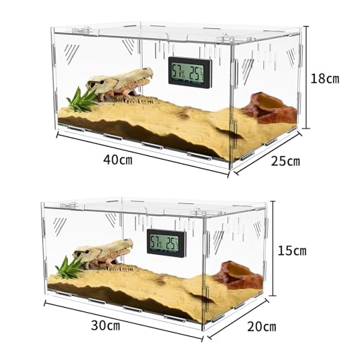 Acrylic Reptile Breeding Box Terrarium Cage Tank, 11.8"x7.9"x5.9", with Temperature Hygrometer, for Small Reptiles, Snakes, Insects, Home Office - size: Reptile-Tank-M (No Tray)