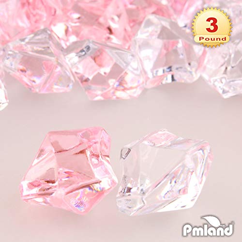 PMLAND Clear Fake Ice Rocks – 550 Pcs Large Mixed Pink Acrylic Gems Crushed Plastic Diamonds, 3 Lbs / 2.25 Quarts Bulk Vase Filler for Centerpieces Wedding Theme Décor Aquarium Table Scatter - color: Pink/Clear