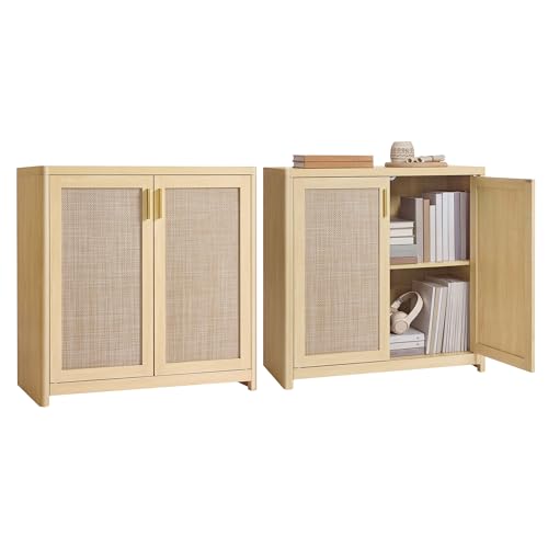 VASAGLE ELLAN Collection - Boho Buffet Cabinets with Rattan-Look Doors, Sideboard Storage Cabinet, Rounded Corners, Adjustable Shelf, for Kitchen Dining Room, Set of 2, Oak Beige UBBK345YC01-2J - color: Oak Beige (Without Drawer), size: 2 Pcs