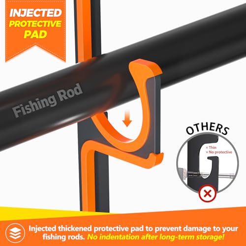 PLUSINNO H5 Horizontal Fishing Rod/Pole Holders for Garage, Wall Ceiling Mounted Fishing Rod Holder, Aviation Aluminum Fishing rod rack Holds up to 5/10/20 Rod or Combos Fishing Gear and Gifts for Men - color: Orange Aluminum-h5 4pack New(store 20 Fishing