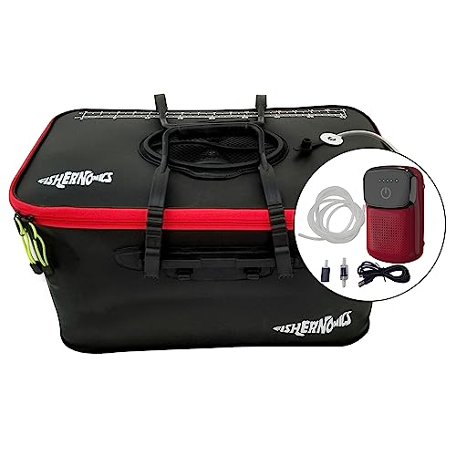 FISHERNOMICS Collapsible Fishing Bucket with Air Pump - Live Bait Bucket with Aerator (6 Gallon/10 Gallon) - Leak Proof with Side Pocket & Shoulder Strap | Durable & Sturdy (Black/Red R23 Pump, Large) - color: Black/Red R23 Pump, size: Large