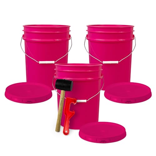 ePackageSupply 5 Gallon Plastic Bucket with Airtight Lid | Made in USA | Food Grade Bucket | BPA-Free | Heavy Duty 90 Mil All Purpose Pail | One 12" Rubber Mallet & One Lid Opener Included | 3 Pack - color: Pink, size: 3 Packs