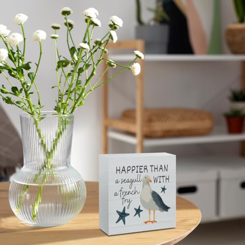 Happy Summer Sign Decor Summer Decorations for Home Funny Seagull Wooden Box Sign Desk Accessories Home Office Beach House Bedroom Bathroom Decor 5 X 5 Inch - color: Happier