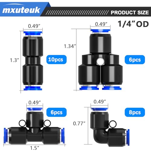 mxuteuk 1/4"OD Push to Connect Fittings Quick Connect Air Hose Fittings,1/4"OD Air Hose Fittings,Air Line Fittings for 1/4" Tube (30PCS) - style: 1/4" OD Kits-A