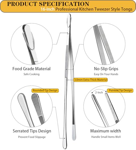 JETKONG 16-Inch Fine Tweezer Tongs Extra-Long Cooking Tweezer Stainless Steel Kitchen Tweezers (Round-Tips)