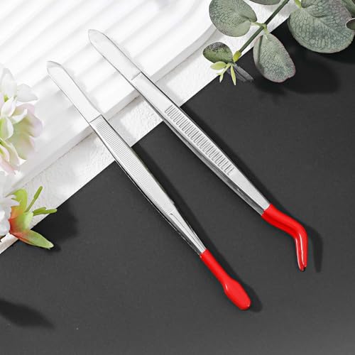 2 Pcs Rubber Long Tweezers For Crafts Tweezers Tipped Coated Precision Tweezer Hobby Craft Set Long Bent And Straight Flat Tip For Stamp Coins