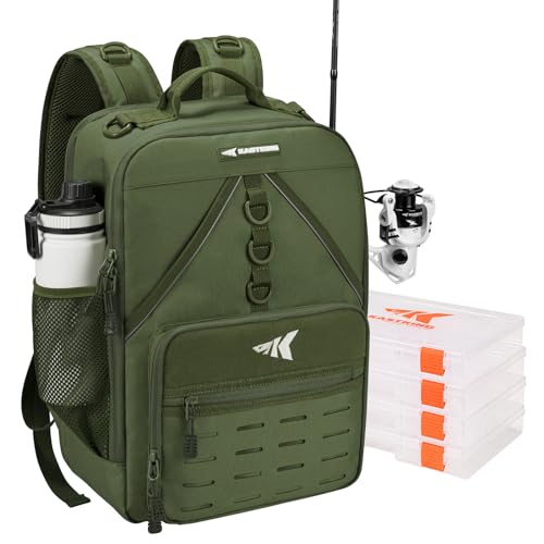 KastKing KarryAll Fishing Tackle Backpack with Rod Holder 4 Tackle Boxes,40/26L Tackle Bag Storage Fishing Gear and Equipment - color: F: Medium (26 L) - Green